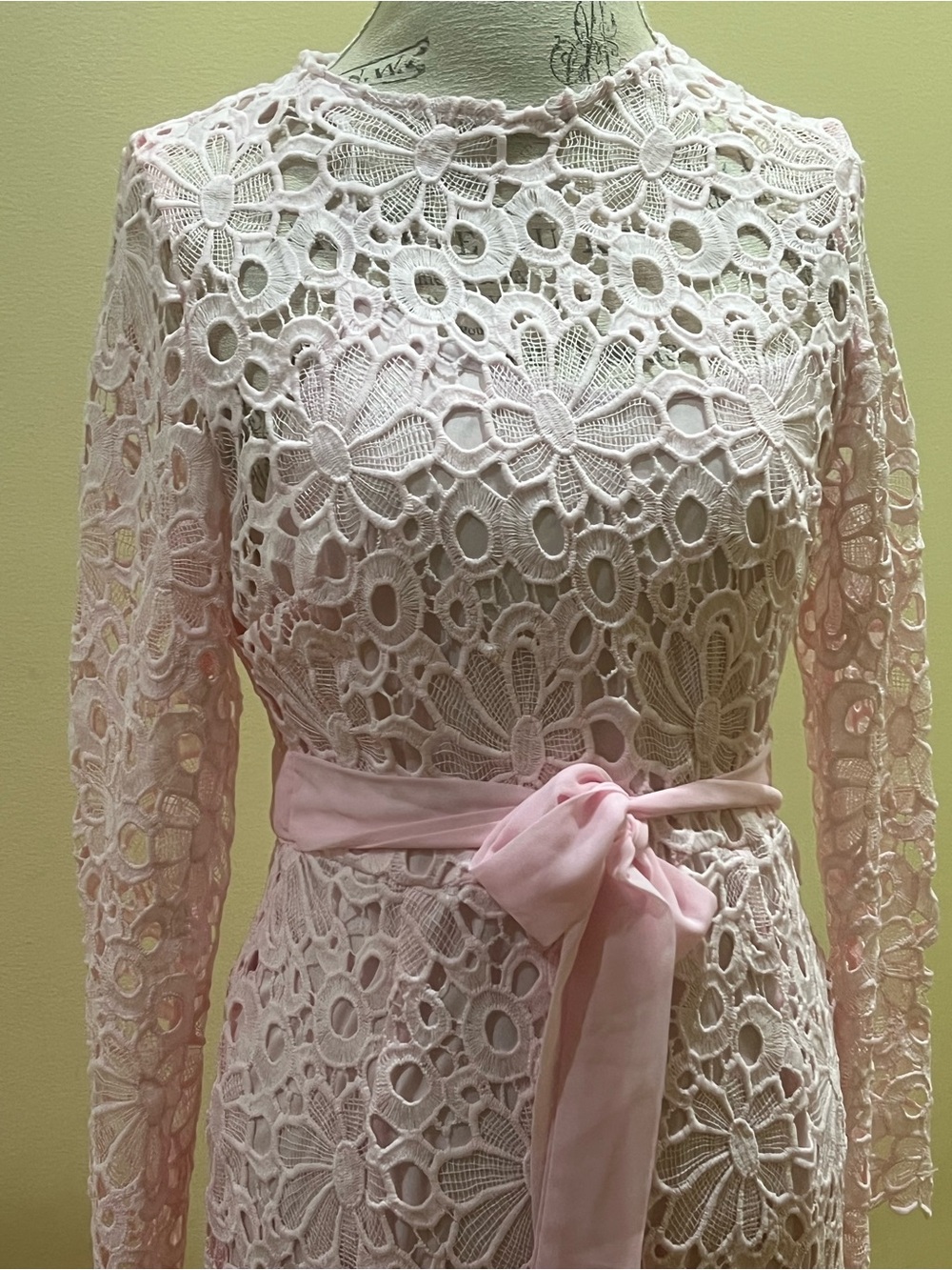 Delicate Pink Lace Long-Sleeve Dress with Sash
